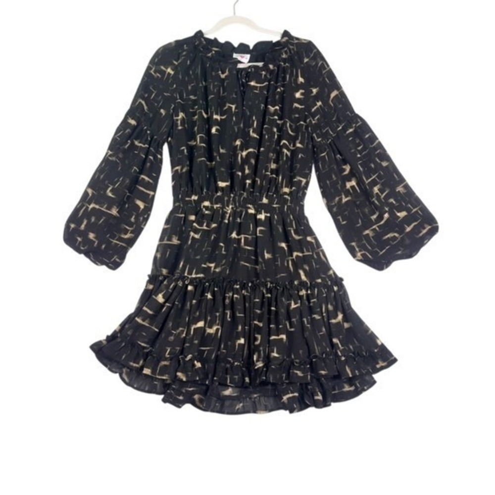 BuddyLove Printed Ruffle Mini Dress Black/Gold – S – Excellent Condition